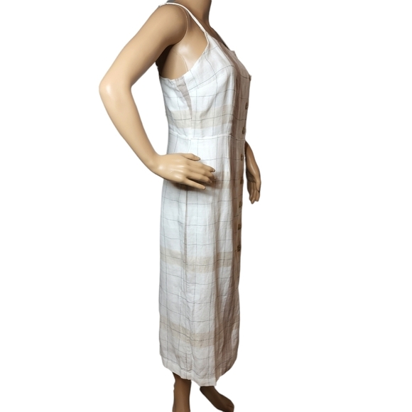 NWT Anthopologie Mo:vint Linen Beige Plaid Sleeveless Button Midi Dress Medium - Picture 8 of 16